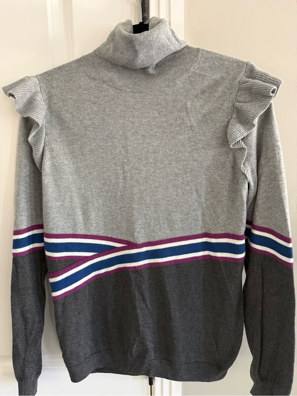 Nordstrom Hinge Gray Turtleneck Sweater with Stripe Detail and Ruffles, M